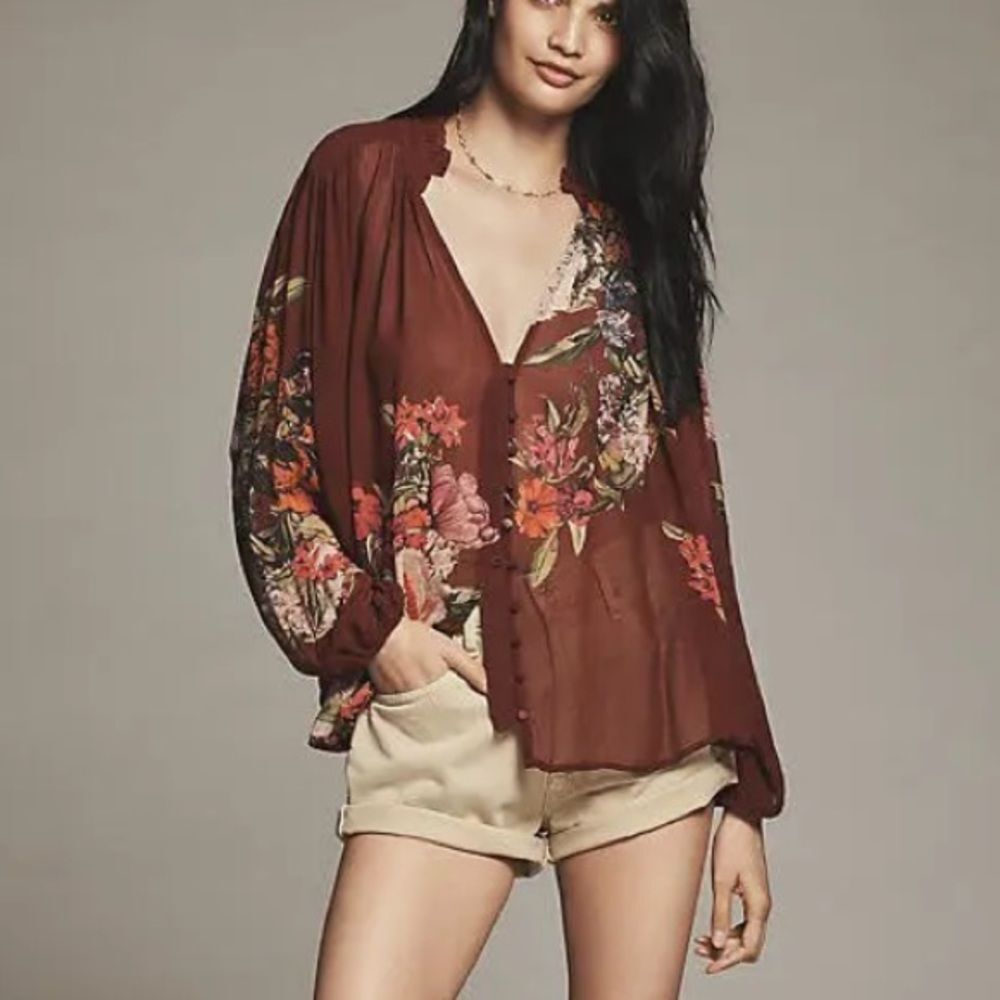 NWOT Anthropologie Estela Sheer Printed Floral Blouse in Brown